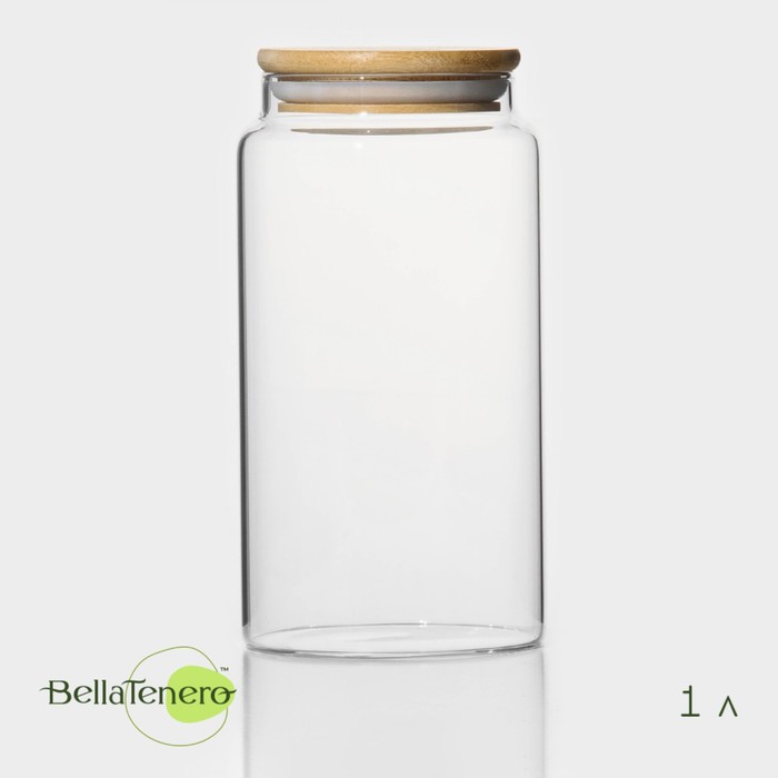 Банка стеклянная для сыпучих продуктов с бамбуковой крышкой BellaTenero «Эко», 1 л, 9,5×18 см
