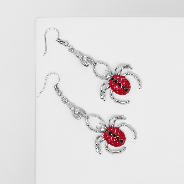 Серьги с эмалью «Пауки», чёрно-красные в чернёном серебре - Фото 1