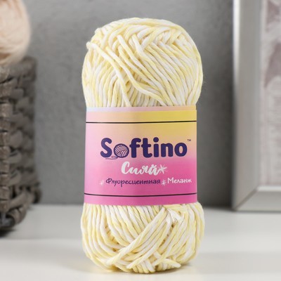 Пряжа для вязания спицами, крючком светящаяся 100% лавсан Softino «Сияй», меланж 50 г, 50 м, бело-светло-желтая