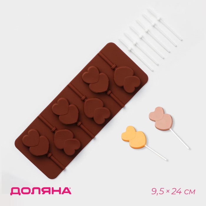 Форма для леденцов Доляна «Влюблённость», силикон, 9.5×24×1 см, 6 ячеек (4.2×3.3 см), с палочками, МИКС - Фото 1