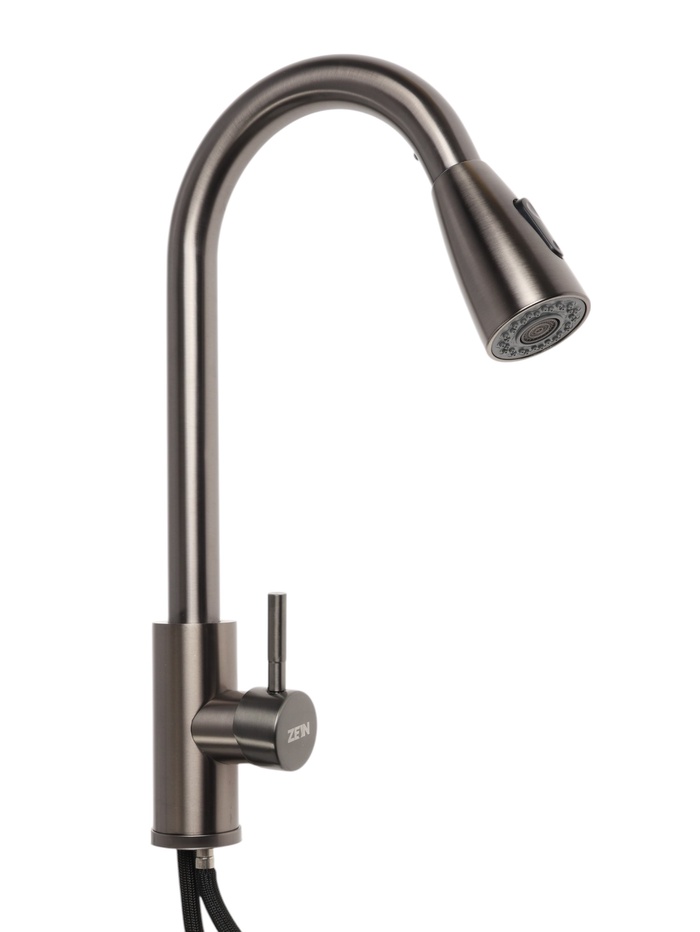 Смеситель для кухни ZEIN Z4961, нержавеющая сталь, с выдвижной лейкой, 2 режима, серый