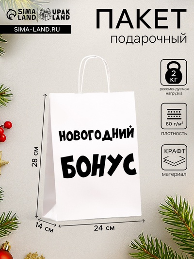 Пакет бумажный подарочный новогодний крафт «Новогодний бонус», белый, 28×24×14 см