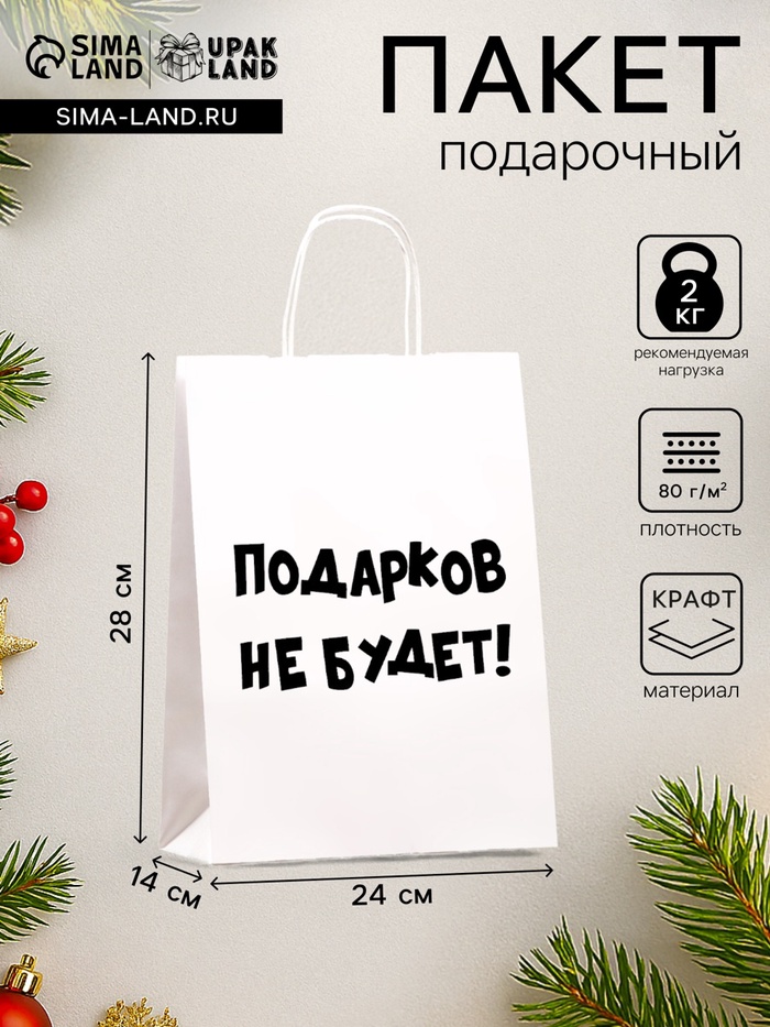 Пакет бумажный подарочный новогодний крафт с приколами, «Подарков не будет!», белый, 28×24×14 см - Фото 1