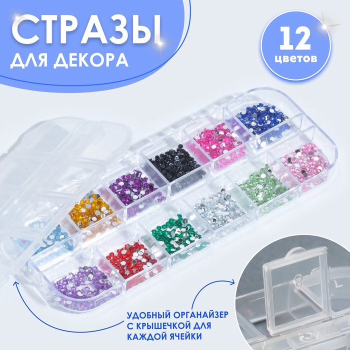 Стразы для декора, 12 ячеек, 2 мм, разноцветные - Фото 1