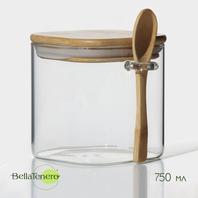 Банка стеклянная для сыпучих продуктов с бамбуковой крышкой и ложкой BellaTenero «Эко» 750 мл, 11,5×10×11 см