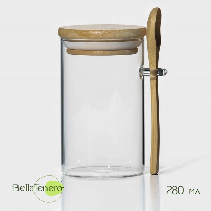 Банка стеклянная для сыпучих продуктов с бамбуковой крышкой и ложкой BellaTenero «Эко», 280 мл, 8,5×7×11 см - Фото 1