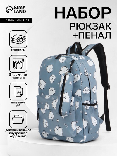 Набор: рюкзак школьный и пенал, с карманами, с принтом, размер 28×12×43 см, серый