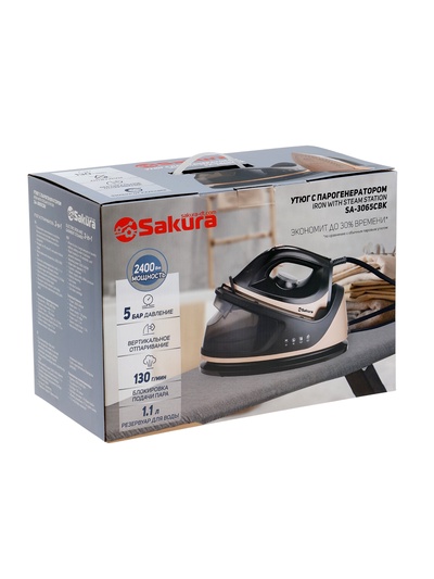 Парогенератор Sakura SA-3065CBK, 2400 Вт, керамическая подошва, 1.1 л, 130 г/мин, чёрно-золотой