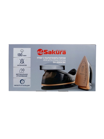 Парогенератор Sakura SA-3065CBK, 2400 Вт, керамическая подошва, 1.1 л, 130 г/мин, чёрно-золотой
