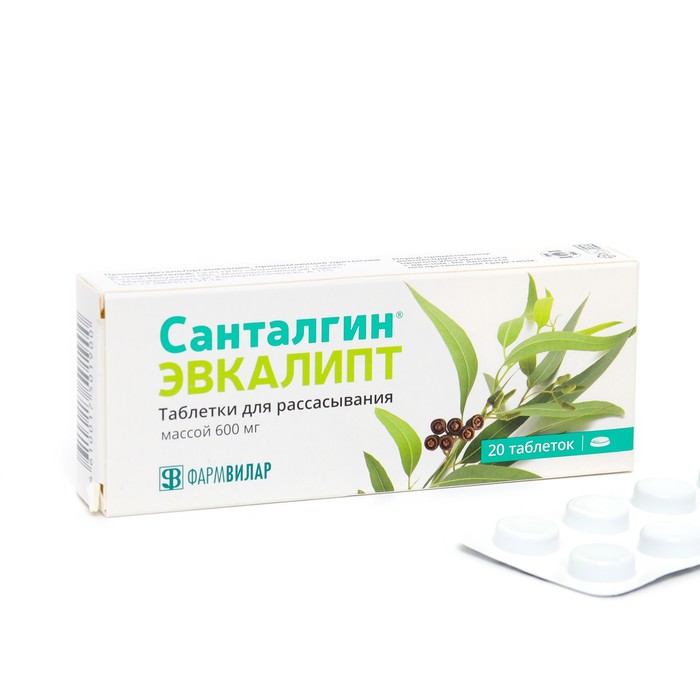 

Таблетки для рассасывания Санталгин Эвкалипт, 20 таблеток по 600 мг