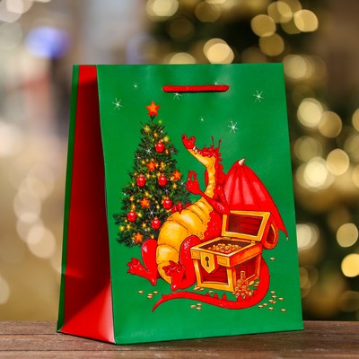 Пакет подарочный новогодний ламинированный «Дракон», 18×22.3×10 см
