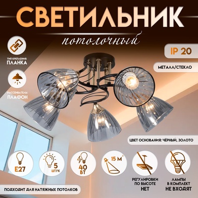 Светильник потолочный BayerLux «Сальма», люстра 5хЕ27, 40 Вт, чёрный, 58×58×24 см