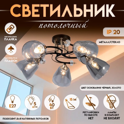 Светильник потолочный BayerLux «Клео», люстра 5хЕ27, 40 Вт, чёрный, 62×62×24 см