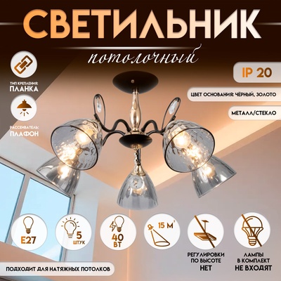 Светильник потолочный BayerLux «Анабель», 5хЕ27, 40 Вт, чёрный, 65×65×33 см