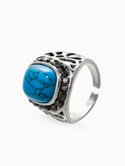 Кольцо с камнем «Бирюзовый мир», безразмерное, чёрно-голубое в чернёном серебре