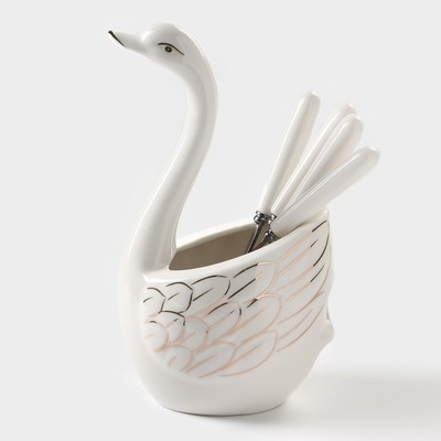 Подставка для столовых приборов «Лебедь», 5 предметов: подставка 9×6.5×16.5 см, 2 ложки, 2 вилки, цвет белый