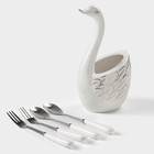 Подставка для столовых приборов «Лебедь», 5 предметов: подставка 9×6.5×16.5 см, 2 ложки, 2 вилки, цвет белый - Фото 3