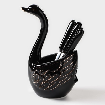 Подставка для столовых приборов «Лебедь», 5 предметов: подставка 9×6.5×16.5 см, 2 ложки, 2 вилки, чёрная