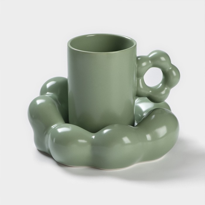Кофейная пара керамическая «Ромашка», 2 предмета: кружка 260 мл, блюдце d=17 см, цвет зелёный - Фото 1