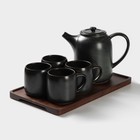 Набор керамический чайный Loft, 6 предметов: чайник 1 л, 4 кружки 250мл, поднос 33×20 см, цвет чёрный - фото 2150841