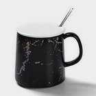 Кружка с ложкой «Чёрный мрамор», 350 мл, керамика, чёрная - Фото 3