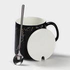 Кружка с ложкой «Чёрный мрамор», 350 мл, керамика, чёрная - Фото 4