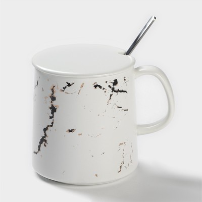 Кружка с ложкой «Белый мрамор», 350 мл, керамика, белая