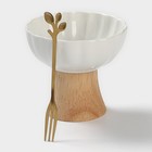 Креманка, 150 мл, d=10 см, с вилкой h=13 см, керамика, бамбук, белая - Фото 1