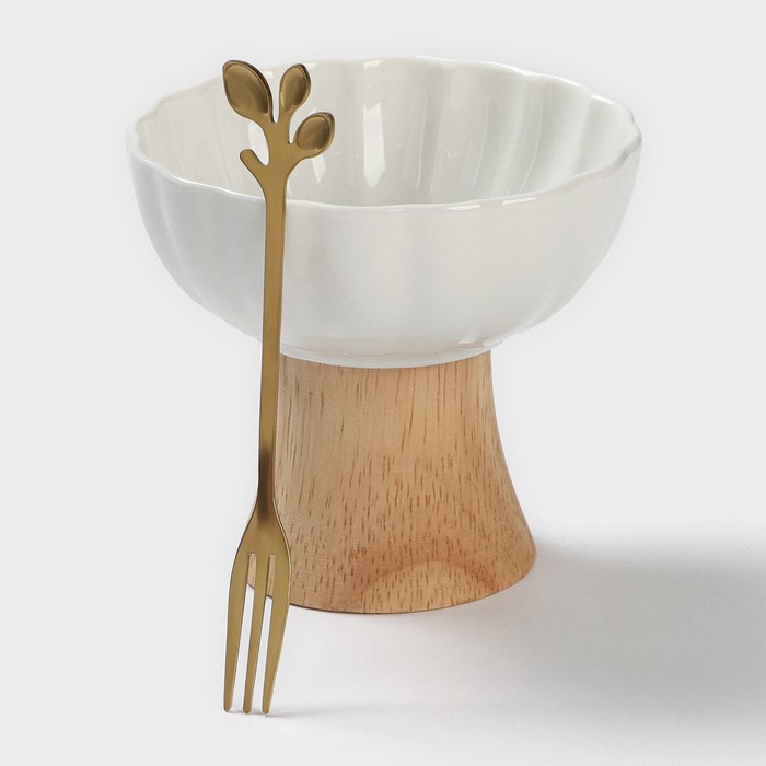 Креманка, 150 мл, d=10 см, с вилкой h=13 см, керамика, бамбук, белая - Фото 1