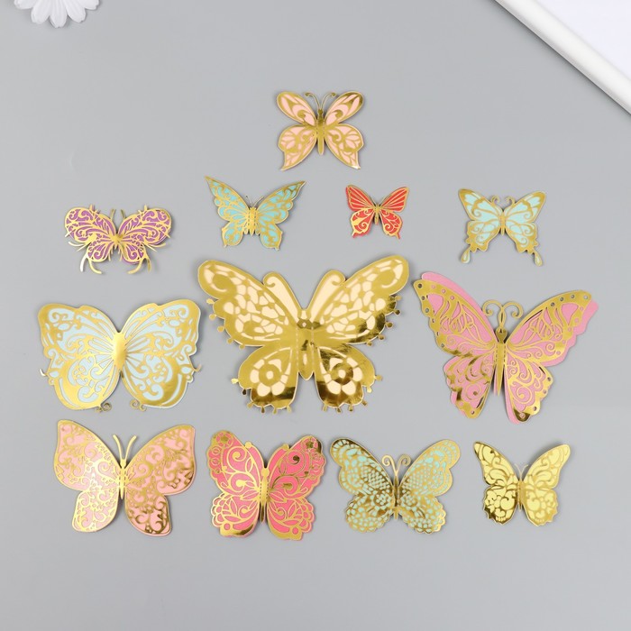 Бабочки картон двойные крылья "Ажурные. Нежные расцветки" набор 12 шт h=4-10 см на магните - Фото 1