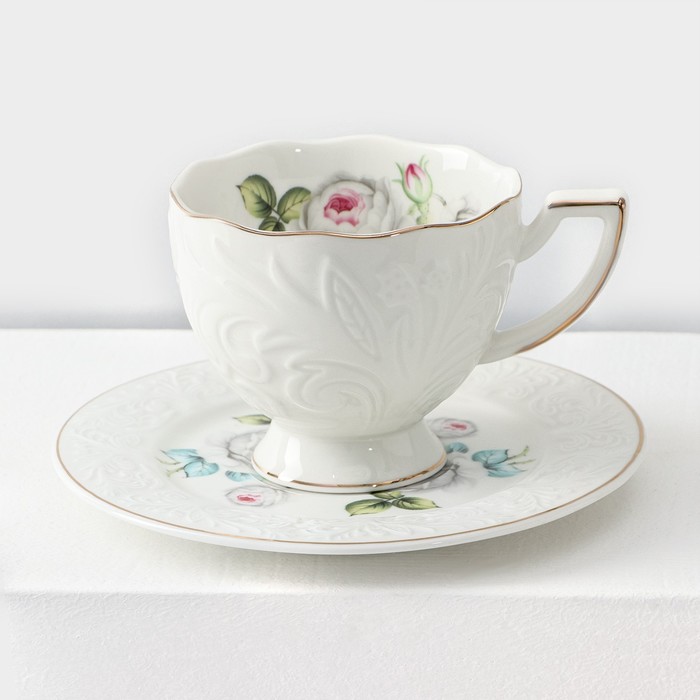 Сервиз фарфоровый чайный Rose, 12 предметов: 6 кружек 220 мл, 6 блюдец d=15 см, цвет белый - фото 1906449122