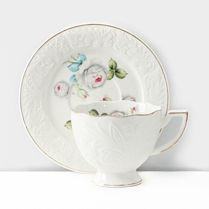 Сервиз фарфоровый чайный Rose, 12 предметов: 6 кружек 220 мл, 6 блюдец d=15 см, цвет белый - фото 1906449123