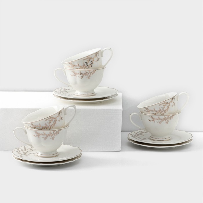 Сервиз фарфоровый чайный Leaves, 12 предметов: 6 кружек 220 мл, 6 блюдец d=15 см, цвет белый - Фото 1