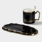 Чайная пара керамическая «Роскошь», 3 предмета: кружка 250 мл, блюдце 23,5×13 см, ложка, цвет чёрный - Фото 3