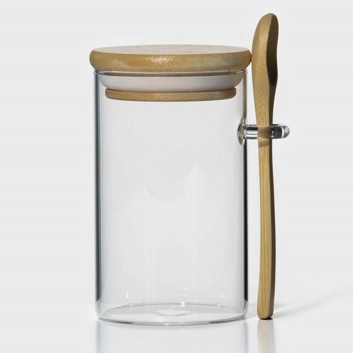 УЦЕНКА Банка стеклянная для хранения сыпучих продуктов с ложкой и бамбуковой крышкой BellaTenero «Эко», 280 мл, 8,5×7×11 см - Фото 1