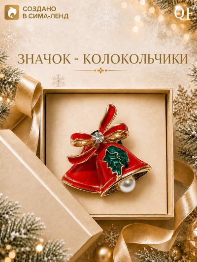 Значок новогодний «Колокольчики с жемчугом», цветной в золоте