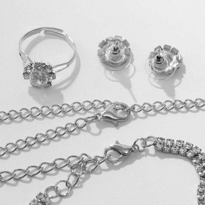 Набор 4 предмета: серьги, колье, браслет, кольцо "Грация" круги, цвет белый в серебре