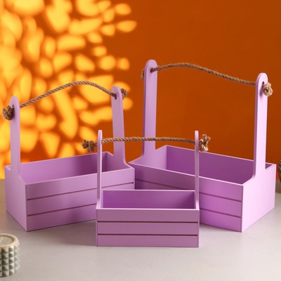 Подарочный ящик «Аром», деревянный, ручка - канат, сиреневый, набор 3 шт.