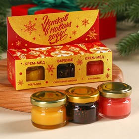 Подарочный набор «Успехов в Новом году»: крем-мёд со вкусом апельсина и клубники, варенье с сосновыми шишками, 90 г (3 шт. х 30 г).