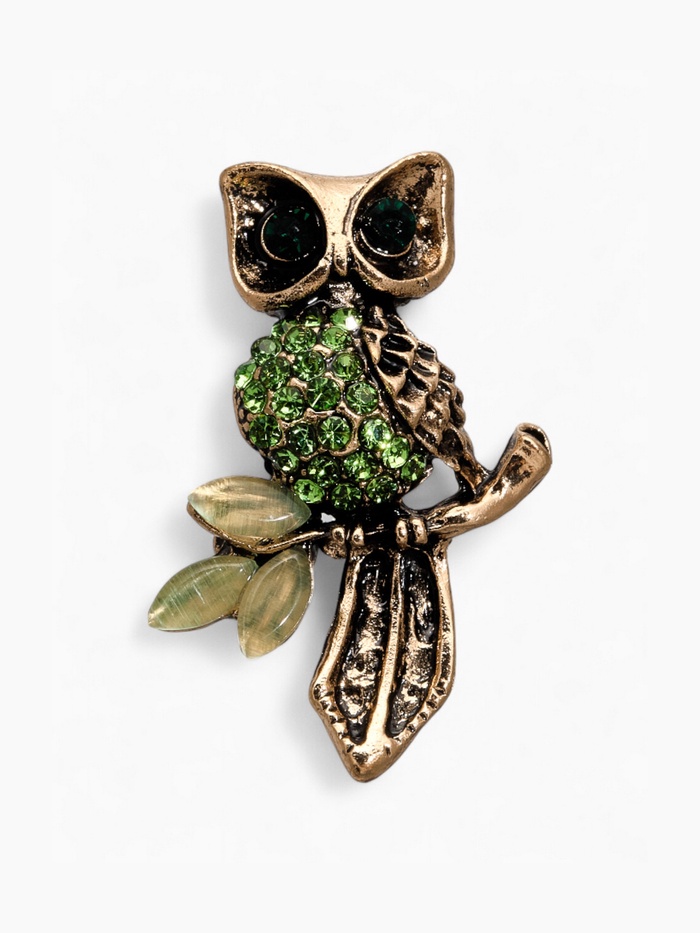 Брошь «Сова на ветке», цвет зелёный в чернёном золоте - Фото 1