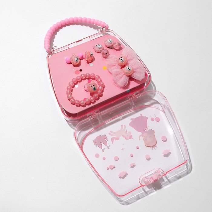Комплект детский "Выбражулька" 7 предметов: 2 резинки, 2 заколки, браслет, клипсы, кольцо, мишки, цвет розовый
