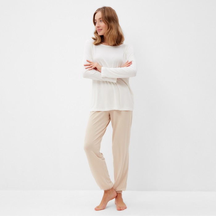 Пижама женская (лонгслив, брюки) MINAKU: Home collection, размер 50, цвет экрю, тёмно-бежевый - Фото 1