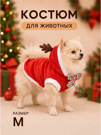 Костюм для животных «Новогодний с рожками», размер M (ДС 30, ОГ 40 см)