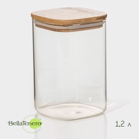 Банка стеклянная для сыпучих продуктов с бамбуковой крышкой BellaTenero «Эко. Квадратная», 1,2 л, 10×15,5 см