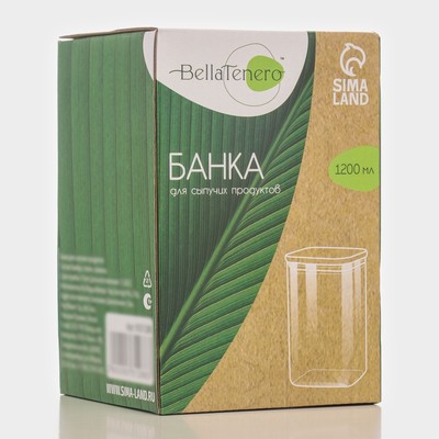 Банка для сыпучих продуктов BellaTenero «Эко. Квадратная», 1.2 л, 10×15.5 см, с бамбуковой крышкой, стекло, прозрачная