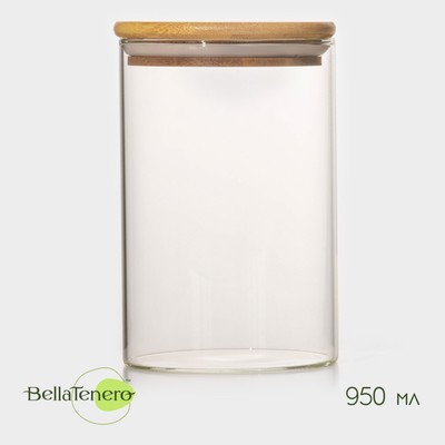 Банка стеклянная для сыпучих продуктов с бамбуковой крышкой BellaTenero «Эко», 950 мл, 10×15,5 см
