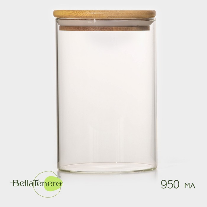 Банка стеклянная для сыпучих продуктов с бамбуковой крышкой BellaTenero «Эко», 950 мл, 10×15,5 см - Фото 1