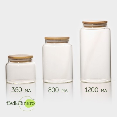 Набор банок стеклянных для сыпучих продуктов с бамбуковой крышкой BellaTenero «Эко», 3 предмета: 350/800/1200 мл