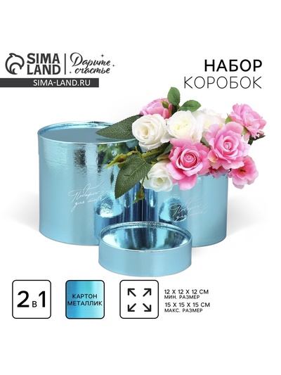 Набор коробок 2 в 1 круглые, упаковка подарочная, «Подарок для тебя», голубой металлик, 12×12, 15×15 см