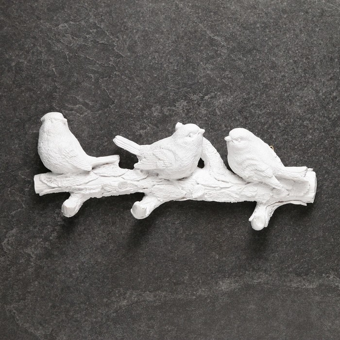 Подвесной декор - вешалка  "Веточка с тремя птичками" белая